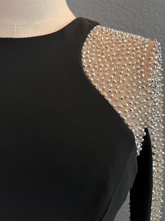 XSCAPES GEORGIA BLACK & NUDE MESH BEADED ILLUSION MAXI DRESS FORMAL GOWN NWOT 4 - Picture 3 of 16